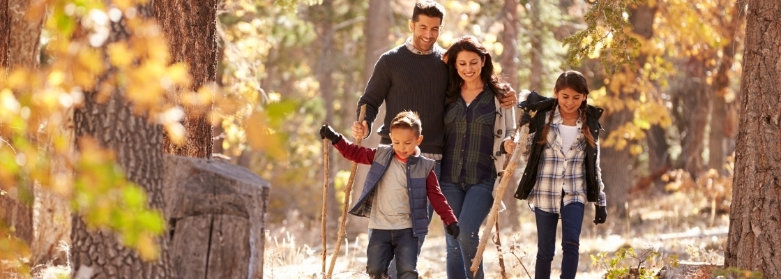 Family walking in woods